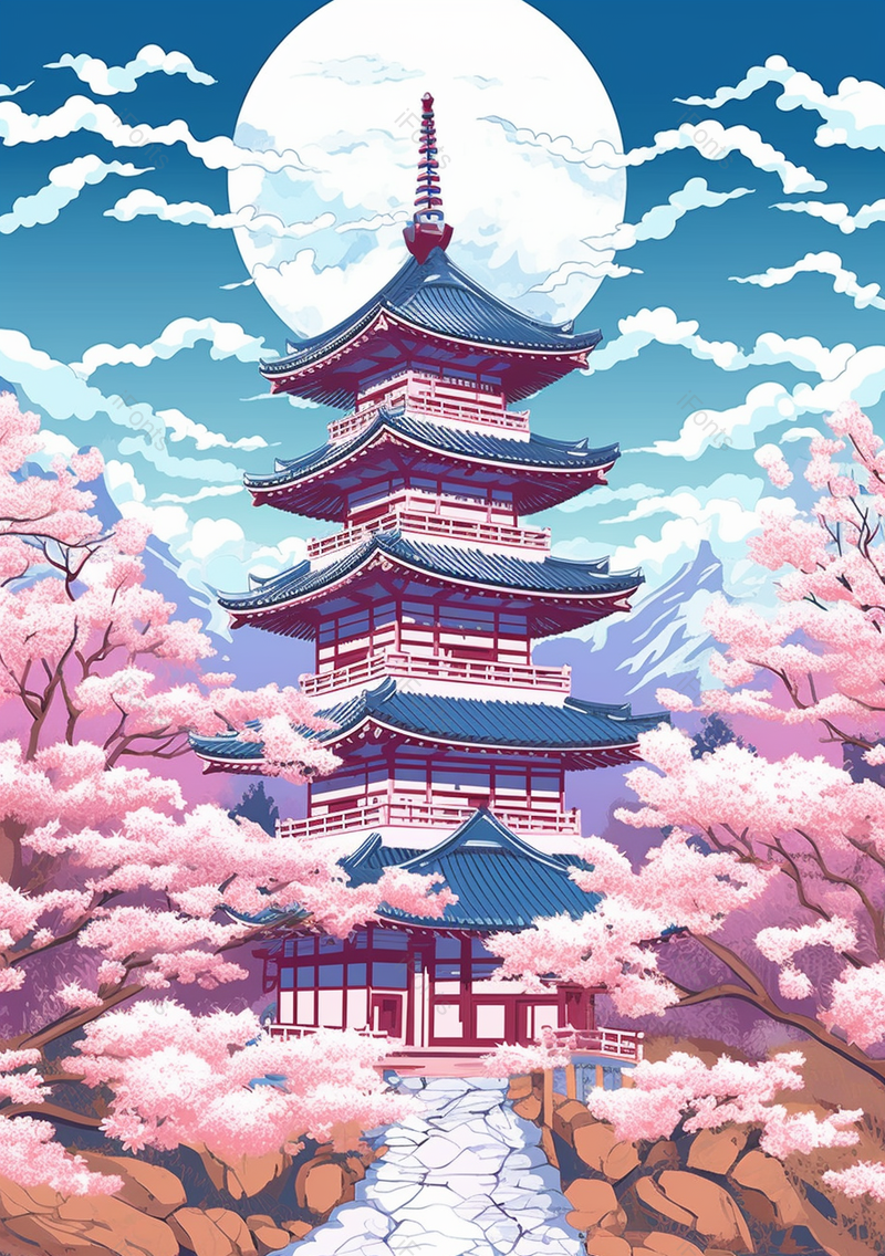 月亮下的亭台楼阁桃花浪漫粉紫色背景,插画/手绘图,插画/手绘图库,插画/手绘图下载,插画/手绘